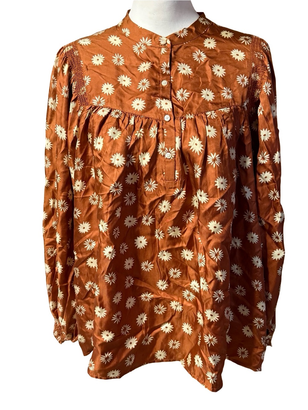 THE GREAT. Shepherd Blouse Silk Floral Daisy Rust Brown Boho Peasant Top Sz 3 L